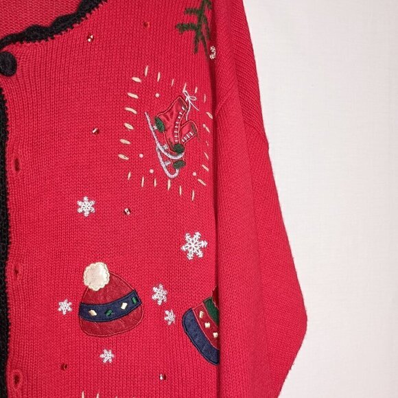 Ugly Christmas Cardigan Sweater Red & Black Crochet Trim Rami Cotton Blend Sz LG - Picture 3 of 11